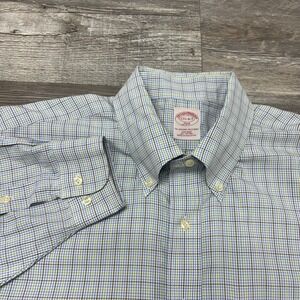 Brooks Brothers 346 Green Blue Mens 17.5 Grid Windowpane Plaid Button Down Shirt